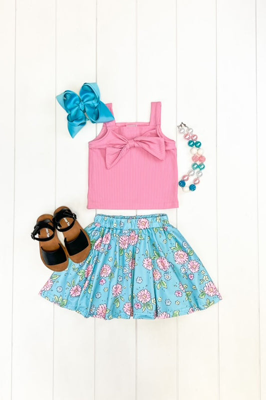 Turquoise & Pink Floral Skirt Set