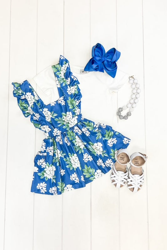 Blue & White Floral Suspender Skirt Set