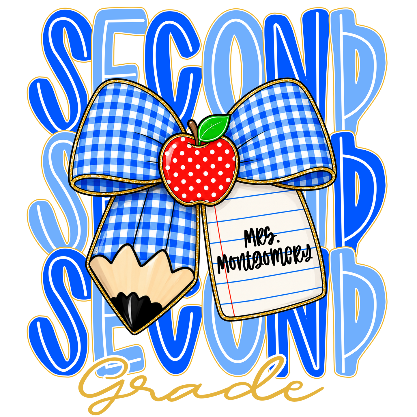 GRADE LEVEL- Blue Gingham Bow w/ personalization- LEAVE GRADE IN NOTES!