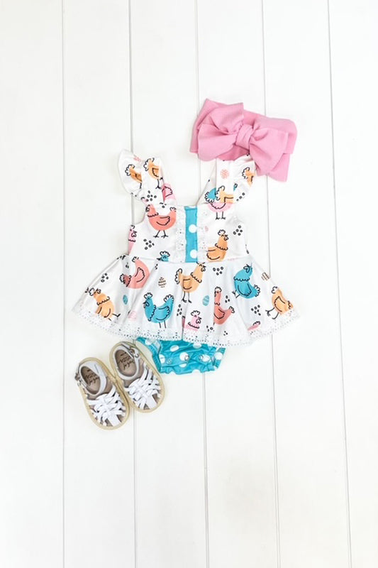 White & Turquoise Chicken Romper