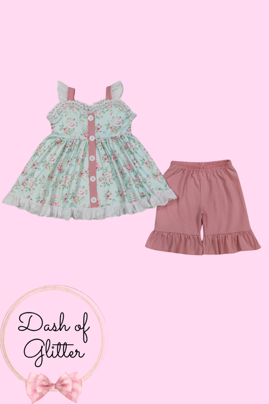 Coral & Aqua Lace Short Set