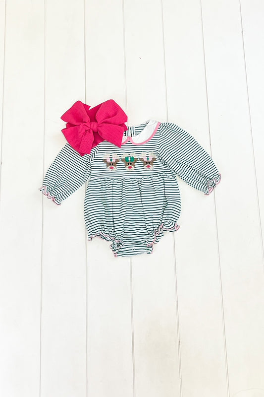 Green Stripe Reindeer Romper