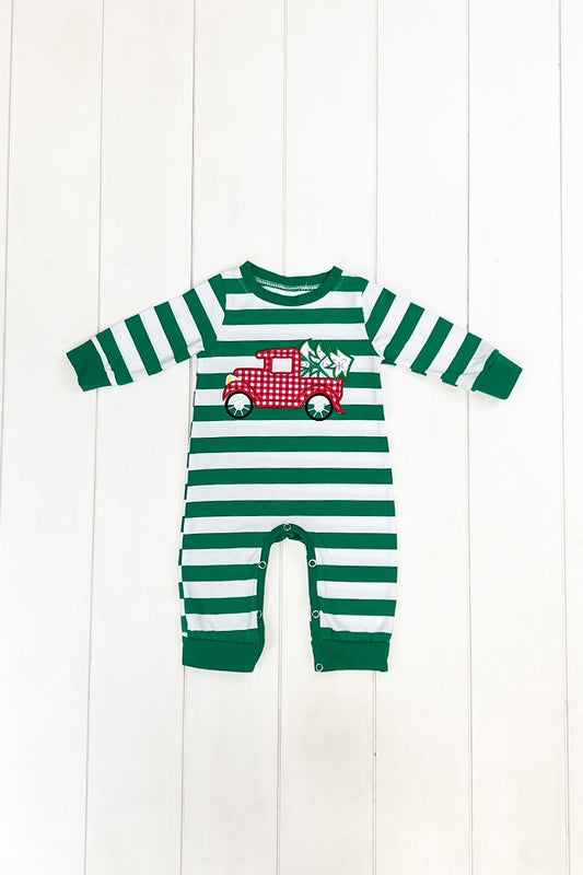 Green Stripe Christmas Truck Romper