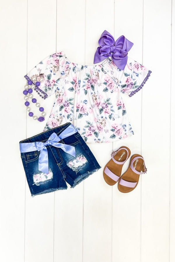 Lavender Floral Denim Short Set