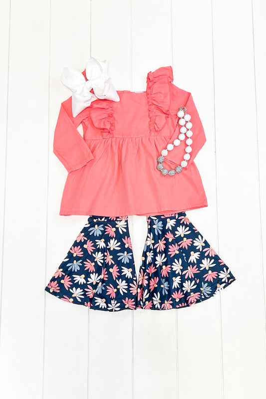 Navy & Coral Daisy Bell Pant Set