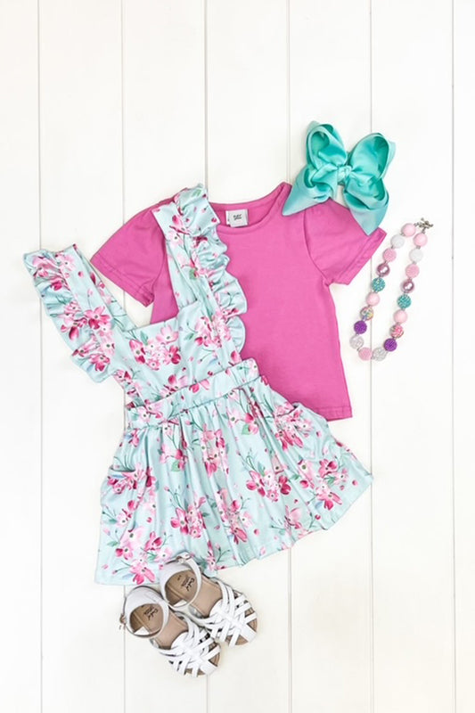 Pink & Aqua Floral Suspender Skirt Set