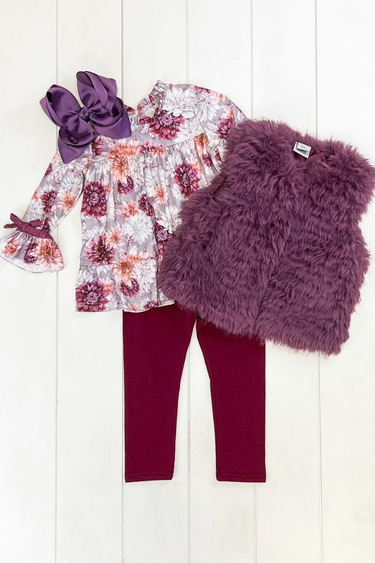 Plum Floral Pant Set- INCLUDES FUR VEST