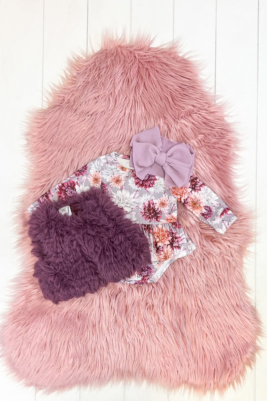 Plum Floral Onesie- INCLUDES FUR VEST