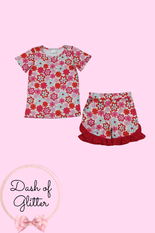 Red & Aqua Floral Short Set