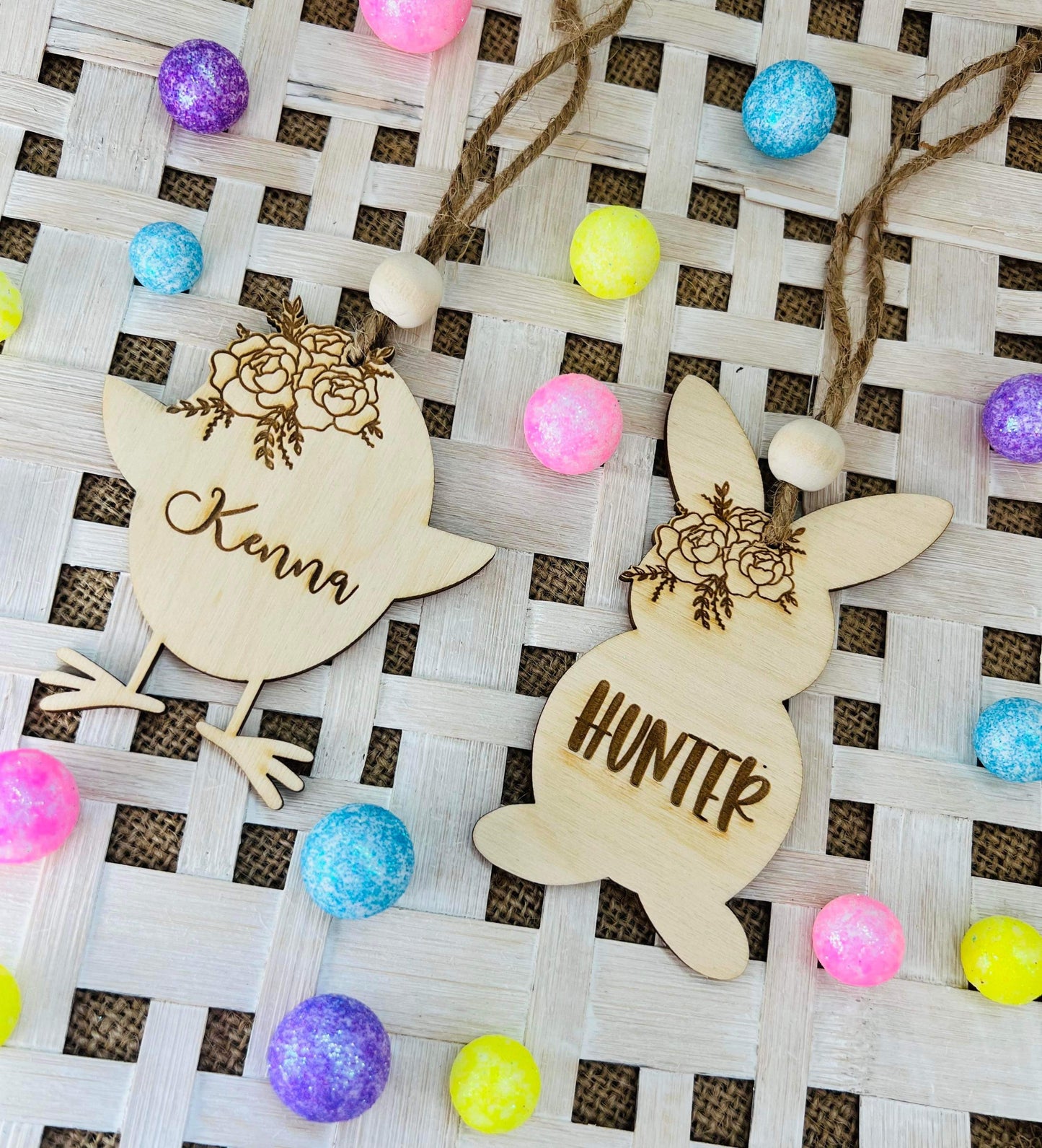 Personalized Wooden Floral Easter Basket Tag With Bead