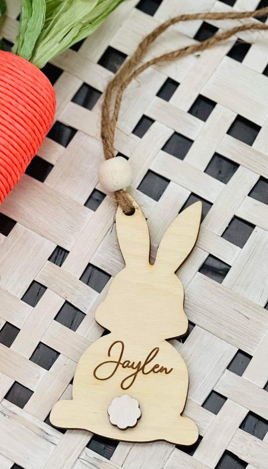 Personalized Wooden Bunny Easter Basket Tag with Bead