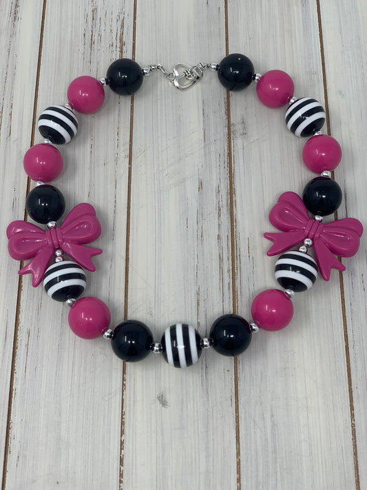 Black & Hot Pink Bow Necklace