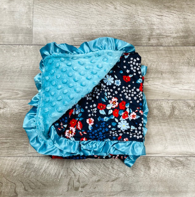 Navy Turquoise & Red Floral Minky Blanket