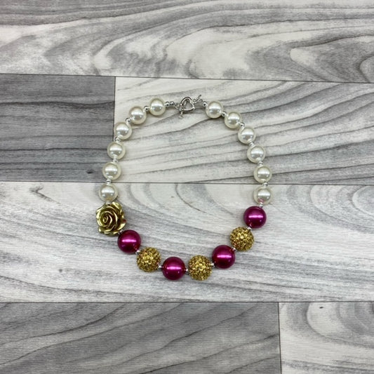 Maroon Pearl & Gold Rose Necklace