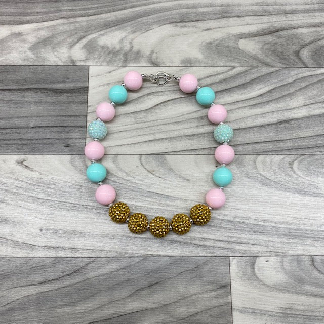 Pink Aqua & Gold Rhinestone Necklace