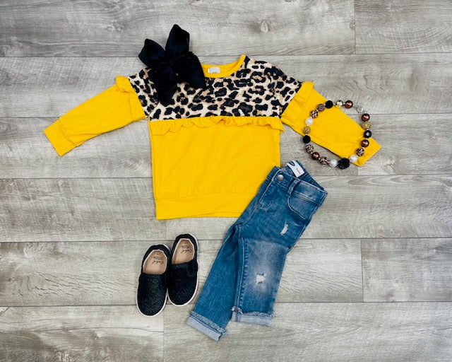 Mustard Leopard Ruffle Sweater
