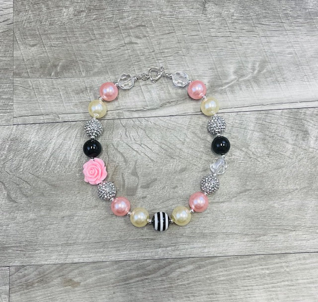 Black Silver & Pink Rose Necklace