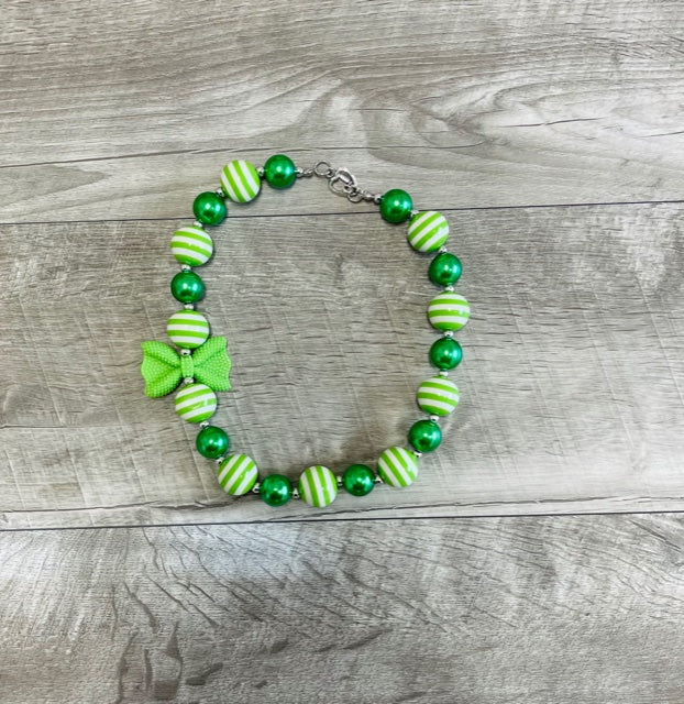 Green & Lime Stripe Bow Necklace