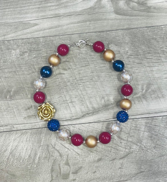 Navy Maroon & Gold Rose Necklace