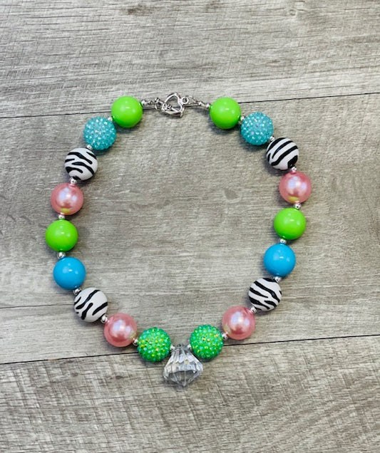 Lime Pink Blue & Zebra Necklace