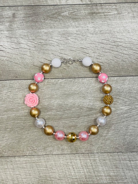 Gold White & Pink Polka Dot Rose Necklace
