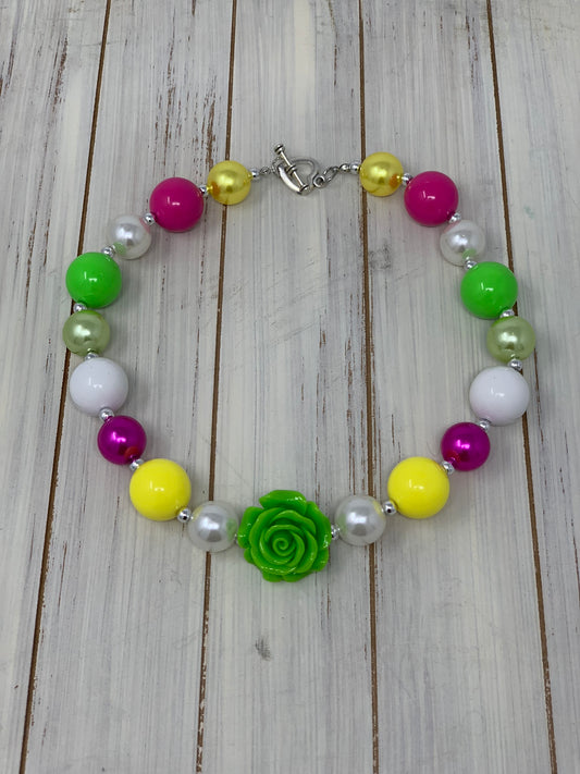 Pink white and yellow with lime rose Necklace