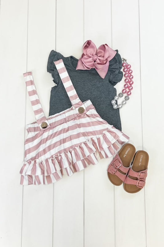 Blush & White Stripe Suspender Skirt Set