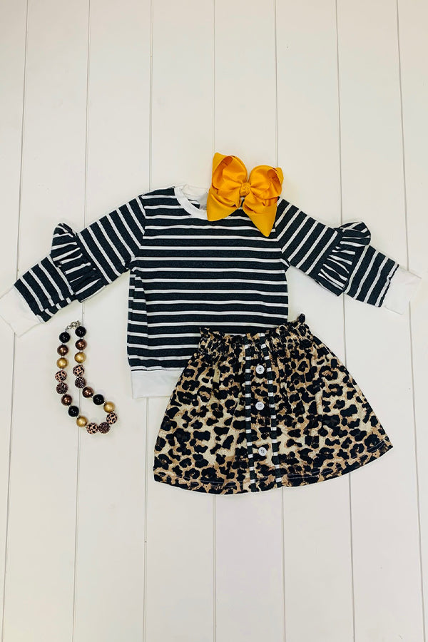 Stripe Leopard Paper Bag Waist Skirt Set